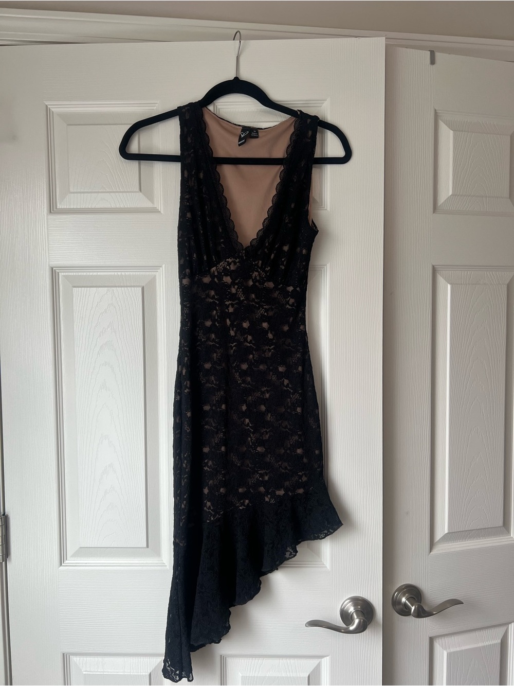 Windsor Black Lace Asymmetrical V-Neck Dress with Nude Lining
